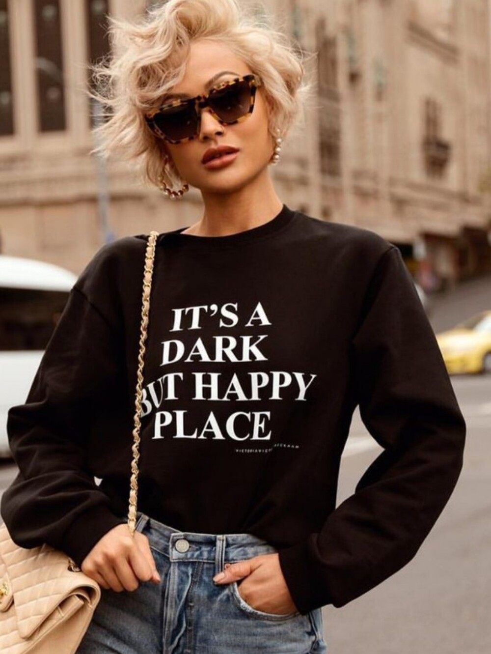Victoria Beckham Black Graphic Crewneck Sweater with White Text